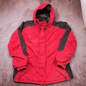 LL Bean Jacket Womens Large Red Black Thinsulate Lite Loft Hooded Parka ORF98